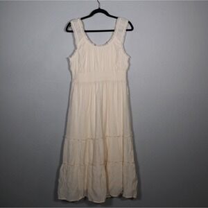 Lucky Brand Whisper White Smocked Tiered Maxi Dress Gauze Boho Size L